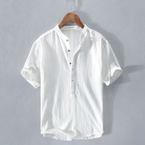 NEW WESTERN Summer casual pure color stand -up collar short -sleeved shirt mens Japanese fresh breathable krane shirt T -shirt trendy top men