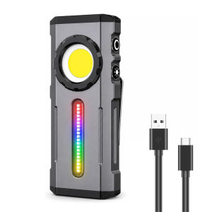 Portable EDC Work Light 2000 Lumens Dimmable LED Flashlight With Clip Magnetic Base Multipurpose COB Floodlight RGB Colorful Light For Outdoor Emergency And Workshop