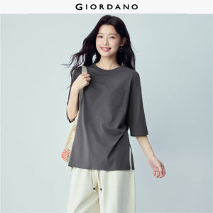 Giordano Beau Monde Women T-Shirt 100% Cotton Knit Round Neck Mid-Sleeve Pocket Relaxed Slight Stretch Free Shipping 13326214