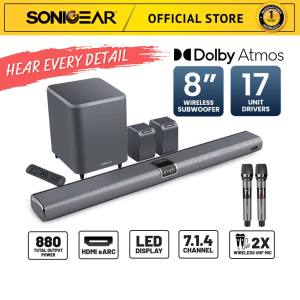 SonicGear StudioBar 6000 Dolby Atmos 7.1.4 Soundbar Speaker with Wireless Subwoofer Surround Home Theatre Wireless Mic