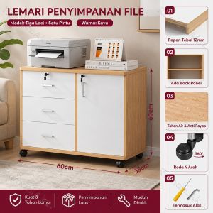 Lemari Arsip Multifungsi dengan Laci Berkunci dan Roda Lemari Dokumen Kantor Minimalis Gaya Skandinavia