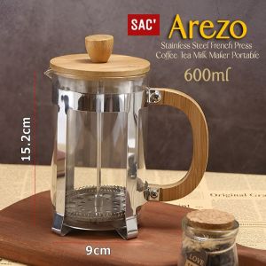 AREZO French Press Coffee Maker Teko Seduh Kopi Teh Wood Cover Teko Coffee Tea Plunger Coffee Pot Pembuat Kopi Teh Manual