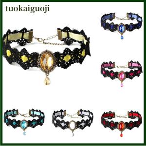 tuokaiguoji สร้อยคอลูกไม้สีดำคอปกสร้อยคอกำมะหยี่คริสตัลแบบกอธิควินเทจจี้โซ่