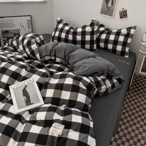 Thickened Skin-Friendly Ultra Soft Washed Cotton Four-Piece Set ins Simple Plaid Bed Sheet and Duvet Cover Student Dormitory Three-Piece Set 4LZD