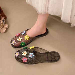Free Shipping Princess Crystal Shoes Jelly Soft-Soled Half-Slipper Style Closed-Toe Flat-Soled Transparent Crystal Home Slippers For Women