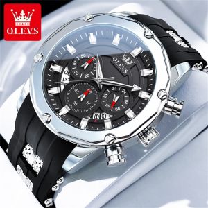 OLEVS Watch For Men Waterproof Original 2024 New Design Cool Silicone Strap Multifunction Chronograph Luminous Calendar Sport Mens Watch