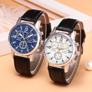 Men Quartz Watch Three Eye with Faux Leather Classic High Quality Business Casual Wristwatch Gift