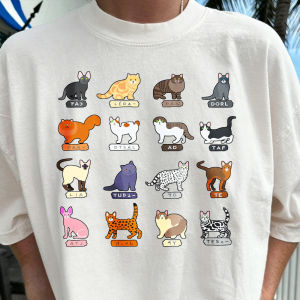 [Local Stock] HBESTY  Cute Cat Breeds T-ShirtMulti Breeds Cute Cartoon Cats Graphic T Shirts Kitten Variety Chart Short Sleeve Tops Summer Pet Lover