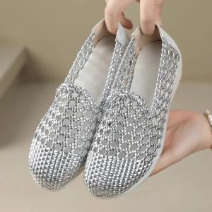 2026 Summer Hollow Woven Breathable Shoes Women Sandals Big Size Round Toe Genuine Leather Shoes Summer Flat Casual Sandals