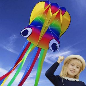 NOBLELYN Wind Resistant Giant Kite Rainbow Color 4m Octopus Kite  with 100m Tire String Inflatable Kite for Adults Children