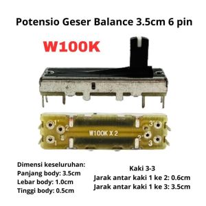 Potensio Geser Balance 3.5cm 6 pin W100K Stereo Kaki 3-3 Slide 3.5 cm Mixer 104