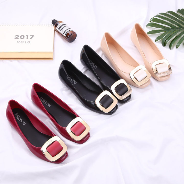 Plastic square buckle flat bottom fashion shallow jelly women's shoes ...