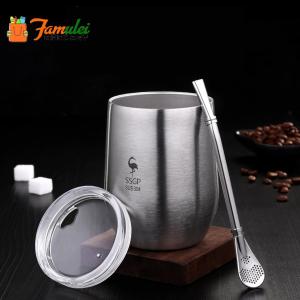 Famulei Christmas Gift SSGP 304 Stainless Steel Coffee Tea Cup with Cover and Spoon type Straw 400ml