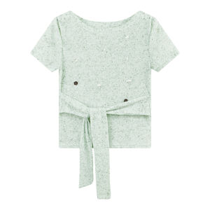 Ielgy nối sequin tay ngắn áo phông dệt kim của phụ nữ Băng mỏng ngọt ngào cổ tròn áo ôm