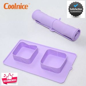 COOLNICE Silicone Twin Tray Pet Feeding Mat Portable Foldable Rollable Collapsible Built-In Bowls Outdoor Indoor Use Convenient Easy to Clean Non-Slip Non-Spill Pet Food Water Trays Bowls
