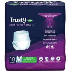 Trustworthy comfortable and leak-proof adult disposable diapers available in multiple sizes (S/M/L/XL) providing comfort and protection preventing leakage with strong water absorption offering 24-48 hours of protection.