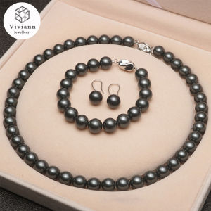 Viviann Deep Sea Shell Pearl Jewelry Set Black Pearl Necklace Sets 10mm Necklace Bracelet Earring Women Jewelry Pearl Necklace Jewelry Sets Earrings Women Party Wedding Christmas Gifts