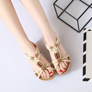 Free Shipping Bohemian Sandals For Women Summer Flat Fish-Mouth Beaded Woven Sandals Roman Sandals Travel Beach Shoes
