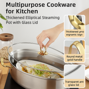 Multifunctional oval fish steamer glass lid cookware stainless steel pot thickened soup steamer