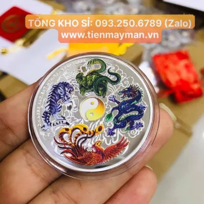 [BÁN CHẠY] Đồng Xu Tứ Linh Long Lân Quy Phụng sinh tài lộc may mắng kèm Túi Gấm Đỏ