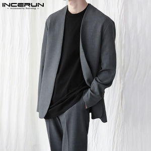 INCERUN Mens Long Sleeve Collarless Henley Blazer Cardigan Open Front Coat Thin Jackets (Korean Style)