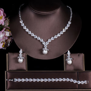 SEQUITO Đáng Giá Mạ Bạc Dát Trắng AAAAA Đá Cubic Zirconia Với Ngọc Trai Lớn Bộ Trang Sức Cô Dâu Cao Cấp Mặt Dây Chuyền Bông Tai Thả Bộ Vòng Tay Cho Đính Hôn Đám Cưới SJ295