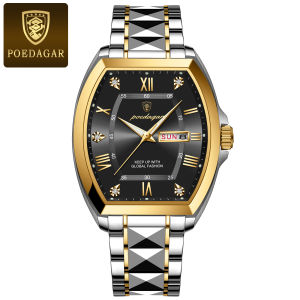 Poedagar nam mới Sang Trọng Của Đồng Hồ Tonneau Nắp vỏ thép không gỉ đồng hồ thời trang Cho Nam Giới Đồng hồ đeo tay thạch anh Ngày Tuần Sáng nam chống thấm nước Đồng Hồ Jam Tanggan Lelaki