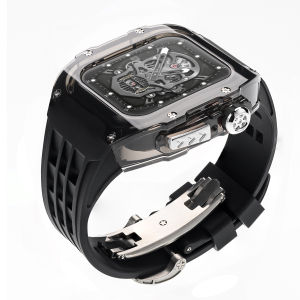 YALILAI Clear Case with Fluororubber Band for Apple Watch 49mm 45mm 44mm Luxury Richard RM Modification Kit for Apple Watch Ultra 3/2 Series 9/8/7/SE/6/5/4 with Advanced Plating Buttons(Not Watch)