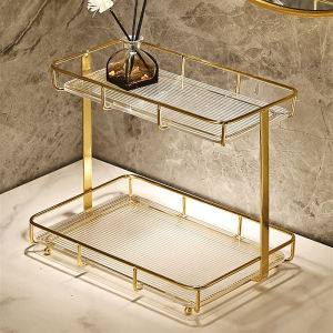 Kệ Đựng Mỹ Phẩm Đồ Trang Điểm 2 Tầng Cao Cấp Khung Làm Từ Thép Không Gỉ Viền Mạ Vàng Phong Cách Châu Âu Đẹp Tiện Dụng