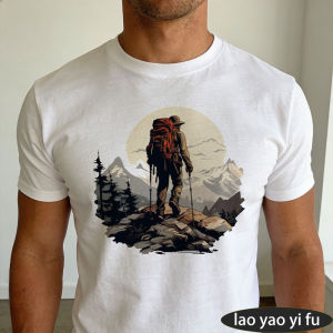 [Local Stock] HBESTY  Lone Backpacker Alpine Summit Graphic T Shirt Men Clothes Solitary Travel Print Top Summer Exploration Round Neck Shirt