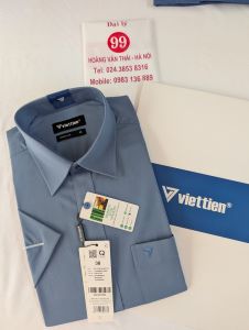 [Việt Tiến] Áo Sơ Mi Ngắn Tay - Regular (Suông) - Vạt Vuông - Màu xanh sẫm vân chìm