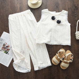 Bear Leader 3 to 7 Years Kids Clothes Sets New Hollow Lace Sleeveless T-shirt and Pathwork Pants 2 Pieces Fashion Outfits Kids Summer Cute Bow Clothing Solid Color Costumes