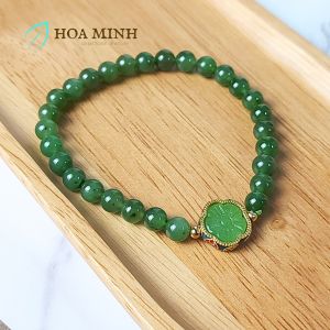 Vòng tay đá Ngọc Bích Nephrite VIP 6 li thiên nhiên phối charm hoa mai cẩm thạch dịu dàng | Hoa Minh Gem