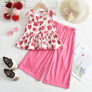 Bear Leader Girls Korean Version Flower Outfits Summer Print Ruffle T-shirt Tops + Pants Two Piece Sets 3-7 Years Casual Kids Clothes