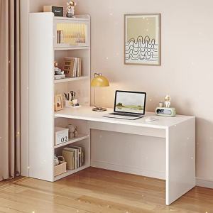 2026 Solid Wood Corner Desk Bookcase Integrated Desk Credenza Desk Keyboard Tray Student Study Desk Small Apartment Office Computer Desk Cream Style