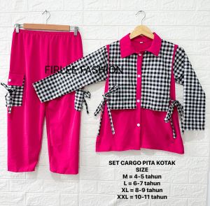 Oneset Cargo Anak PITA KOTAK Crinkle mix Katun 4-11 Tahun Setelan Anak Perempuan OOTD Viral