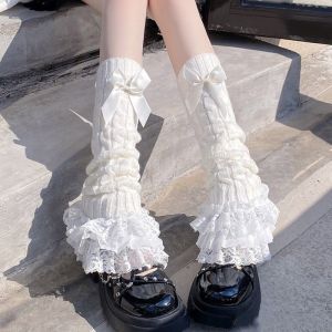 New Japanese Women Knitted Leg Warmers Bow Tiered Ruffled Socks Girl Lace Lolita Socks Calf T-shaped Lace Leg Horn Warmers Women