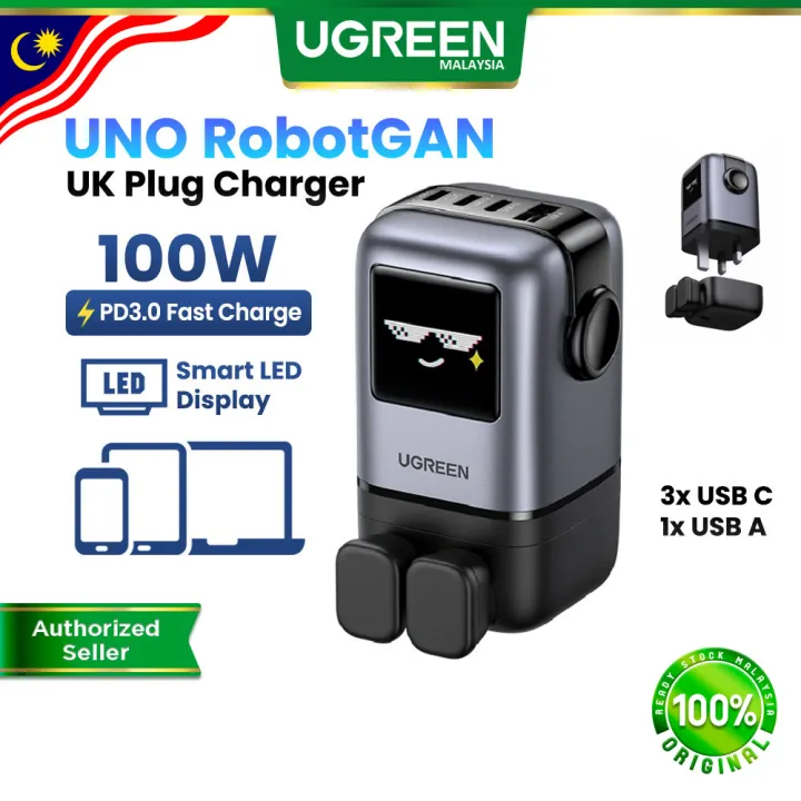 UGREEN UNO 100W RobotGaN Nexode Charger UK Plug 4 Port GaN Fast Charging Power Adapter Digitial Screen Fast Charge Charger PD USB C USB A iPhone 17 16 15 Pro