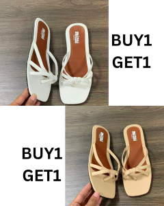 [BUY1 TAKE1] White and black square toe strappy sandals with knot detail. BUY1 GET1 offer.
