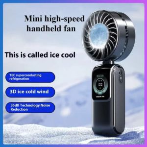 (ship in 24hours)Portable Mini Handheld Fan High Speed Fan 5000mAh USB Rechargeable Semiconductor Refrigeration Handheld Fan LED Digital Display Folding Neck Fan