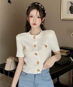 Áo kiểu thun  gân len tăm nữ ao kiểu nữ ngắn tay đính cúc hàng dày dặn co giãn đẹp 3 màu
