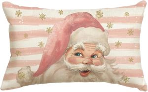 AVOIN colorlife Pink Santa Claus Stripes Throw Pillow Cover 12 x 20 Inch Pink Christmas Cushion Case Decoration for Sofa Couch
