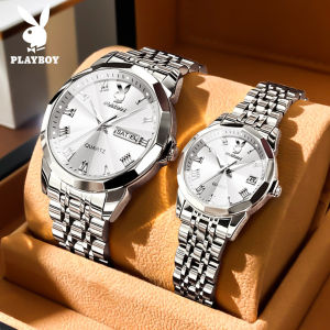 PLAYBOY couple watch waterproof original 2024 new buy 1 take 1 luxury sapphire mirror stainless steel prismatic luminous dial calendar watch for men/women