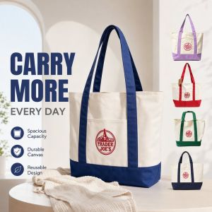 Reusable Canvas Tote Bag Foldable Shopping Shoulder Bag Embroidery Floral Pocket Laptop Work