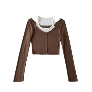 เสื้อครอปผู้หญิง เซ็ต2ชิ้น (ติดกัน) คอกลมลึก สีพื้น ดีเทลเสื้อซับในสายเล็ก-ใหญ่ ใช้สีตัดกัน ทรงเข้ารูป เสื้อยืดแขนยาวผู้หญิง #031