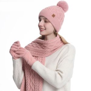 LIEYH 3-Piece Set Hat Scarf Gloves Set Thermal Twist Warm Knit Cap Neck Protector Touch Screen Winter Beanie Hat Women