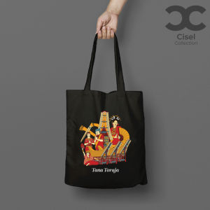CISEL Black Tote Bag Thick Canvas Bag Large for City Use and Indonesian Tourism Cute Adorable Aesthetic Design Size 30x40 Cisel Collection.