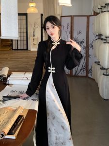 Women Long Dress Cheongsam 2024 Long Sleeve A-line Elegant Traditional Clothing for Temple Casual Daily Occasions School Uniform Black Long Gown Stretchable