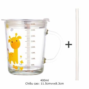 Cốc Chia Vạch Thuỷ Tinh Cốc Pha Sữa Cho Bé Có Ống Hút Dùng Cho Bé Tập Uống 400ml -Lumbley