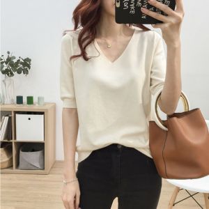 Stella Fashion Women’s V-Neck Knit Top – Slim Fit Short Sleeve Tee | Elegant & Easy Match for Work or Casual